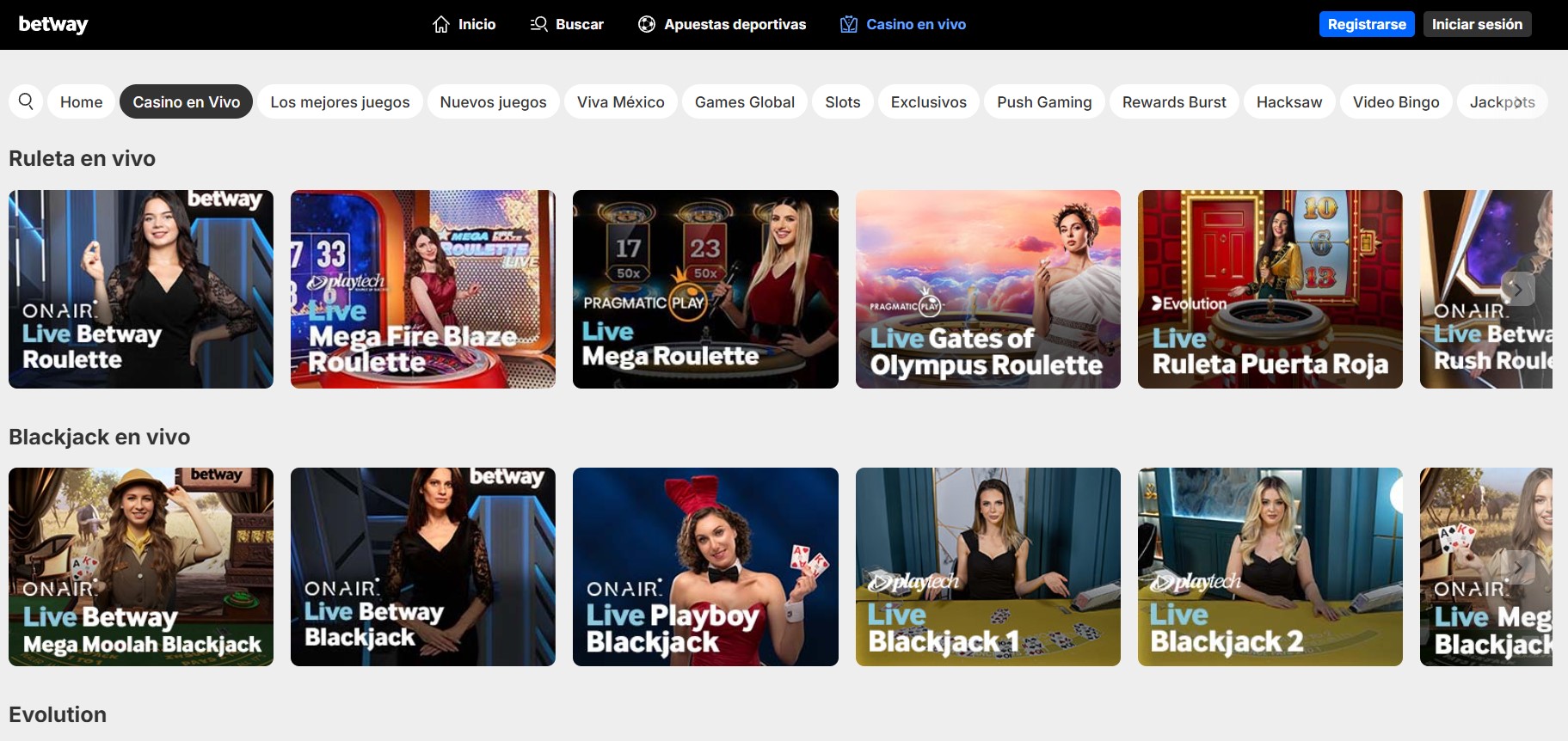 Sección de casino en vivo de Betway México con filas de ruleta en vivo y blackjack en vivo