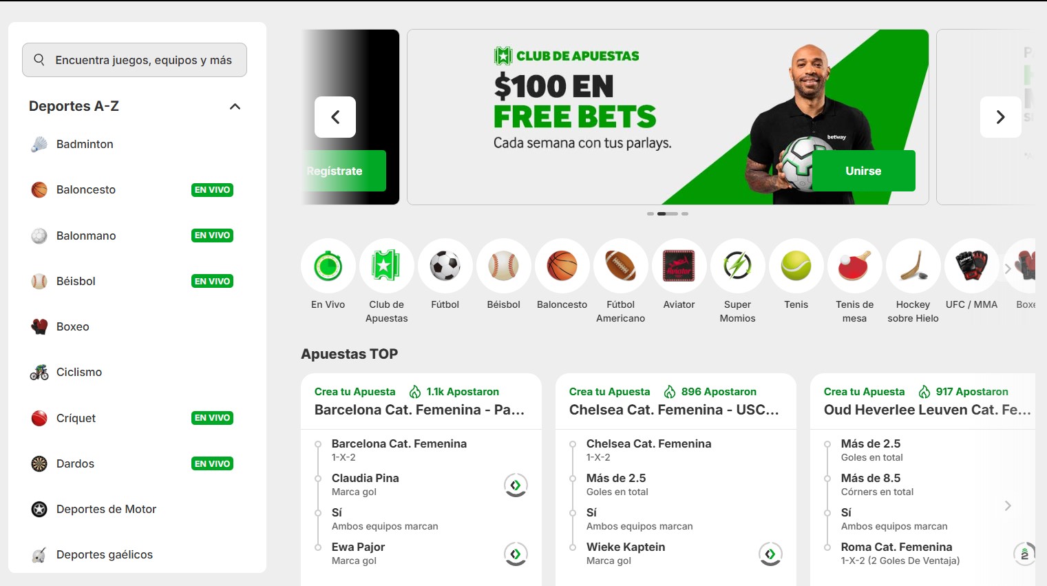 Lobby deportivo de Betway México con la promoción de 100 pesos en free bets del Club de Apuestas