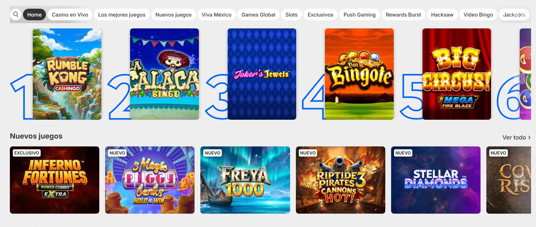 Lobby de tragamonedas de Betway México con un top de seis juegos numerado y una fila de juegos nuevos