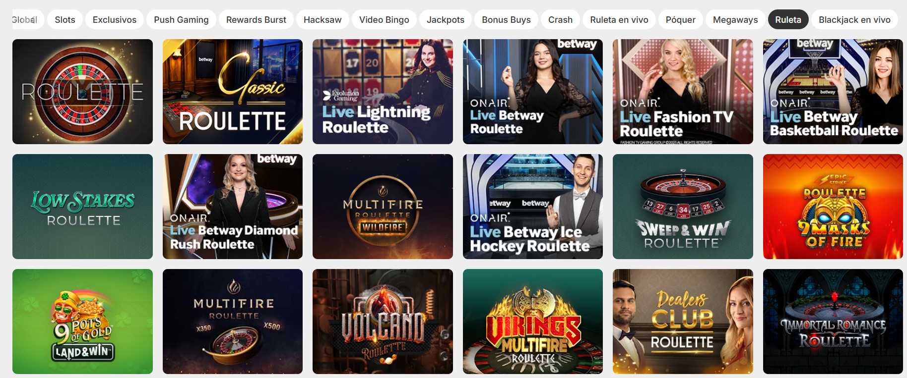 Categoría de ruleta en el lobby de Betway México con dieciocho variantes distintas del juego