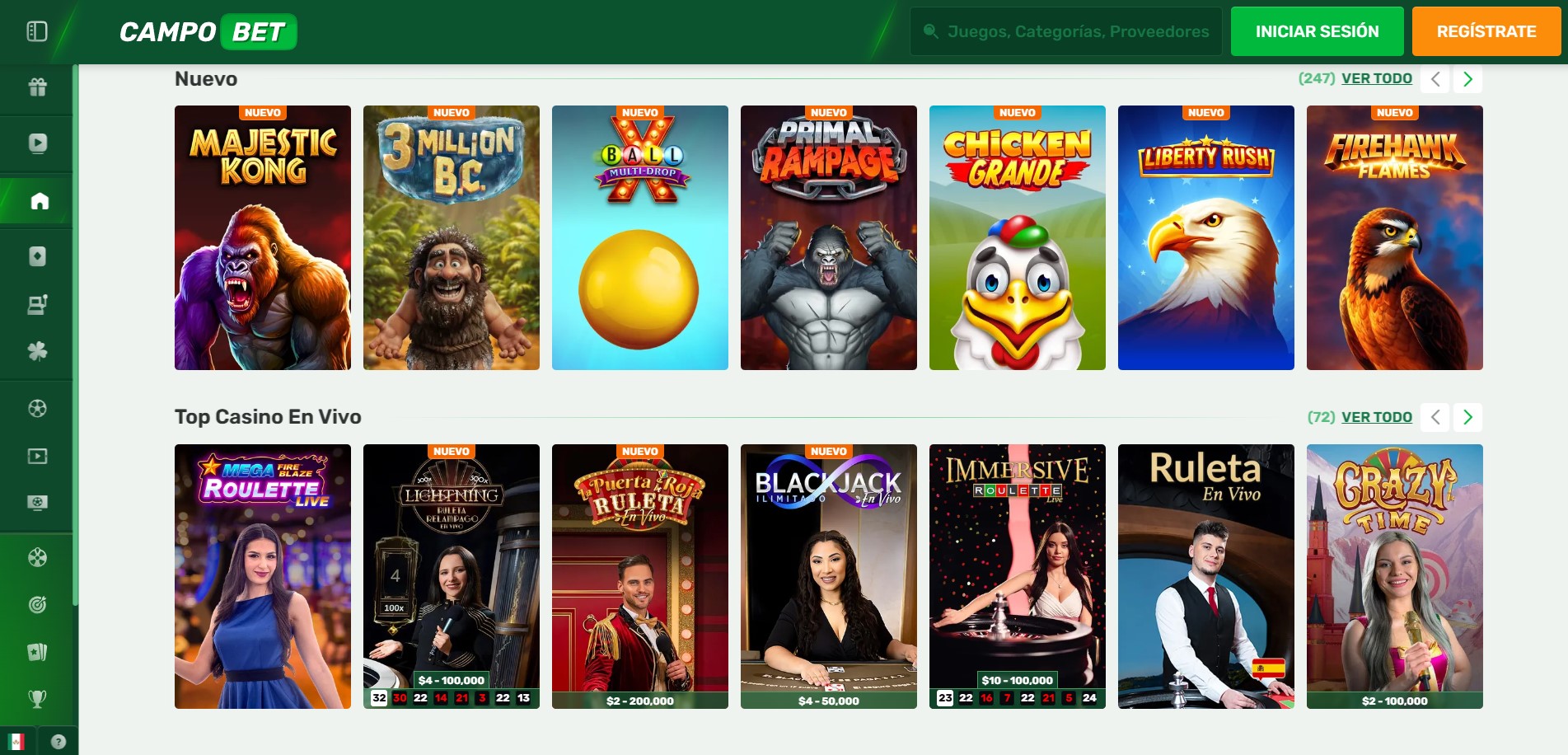 Sección Nuevo del lobby de CampoBet México con 247 títulos y fila de casino en vivo