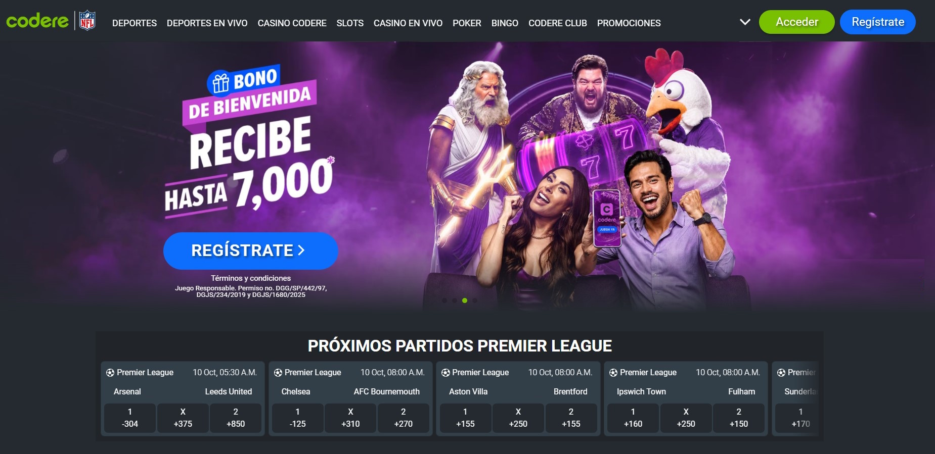 Página principal de Codere México con la leyenda de permiso debajo del bono de bienvenida