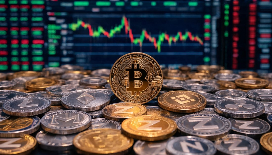 Monedas físicas que representan bitcoin, ethereum y otras criptomonedas sobre un gráfico de cotizaciones