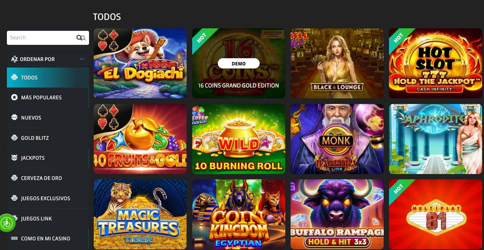 Lobby de casino mexicano con el botón DEMO sobre la ficha de un juego