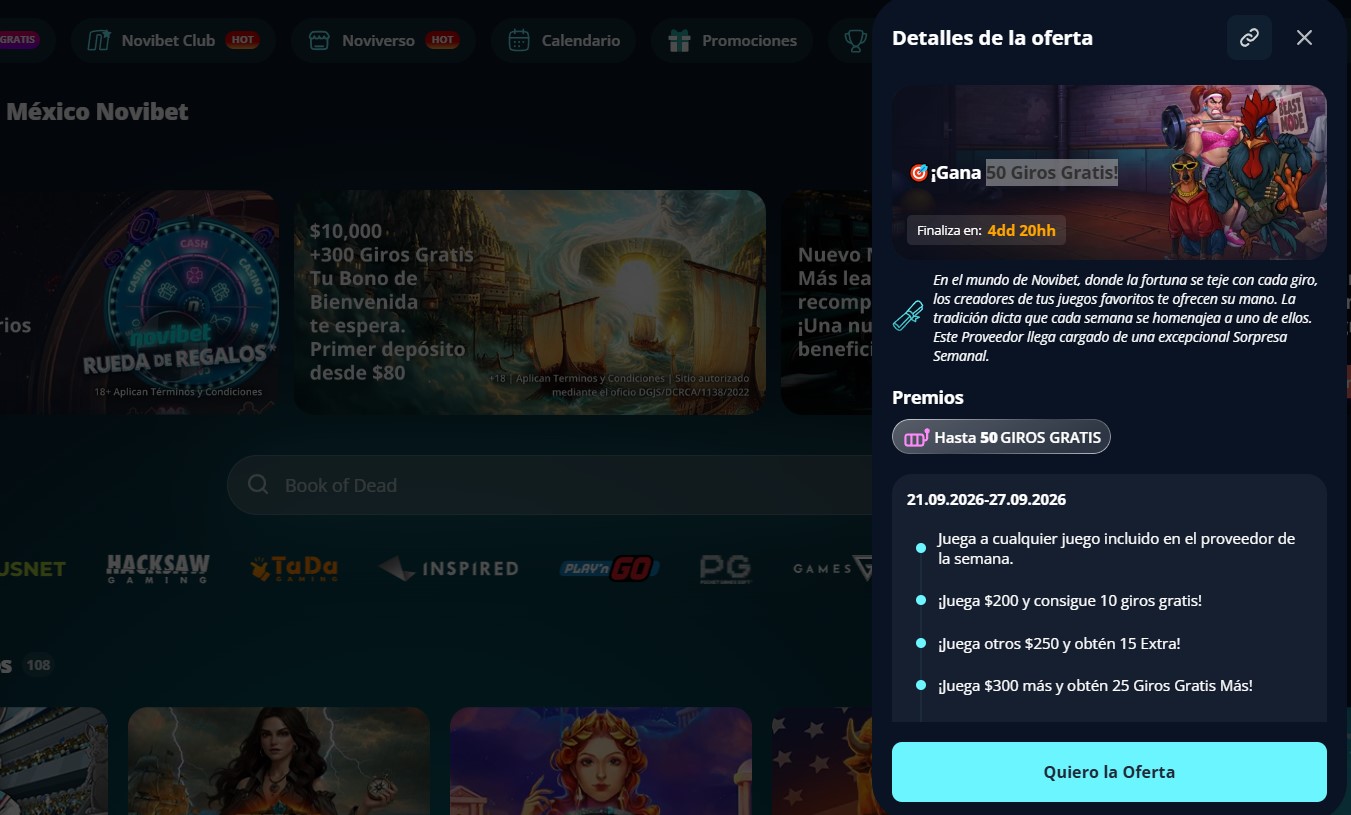 Panel de detalle de la oferta de 50 giros gratis de Novibet México con los tres tramos de juego requeridos