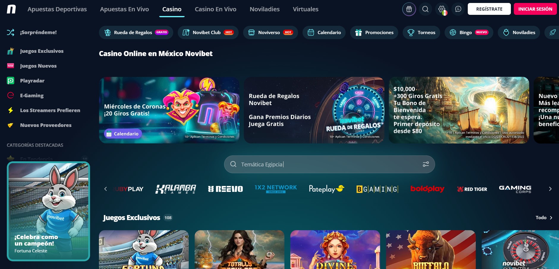 Lobby de casino de Novibet México con promociones de giros gratis y bono de bienvenida