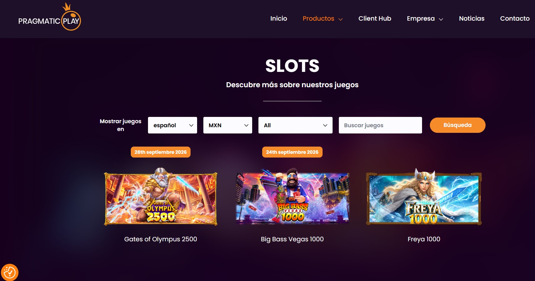 Catálogo de slots de Pragmatic Play con selectores de idioma español y moneda MXN, mostrando tres lanzamientos recientes