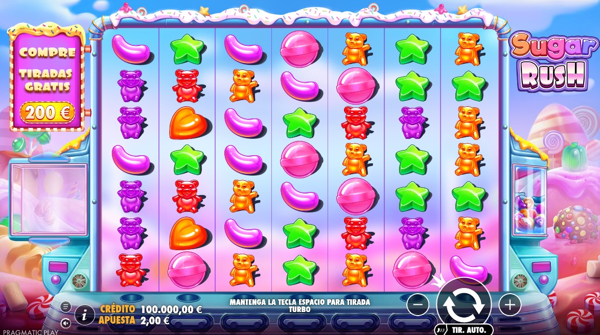 Pantalla del juego Sugar Rush con la cuadrícula de siete por siete y el botón de compra de tiradas gratis