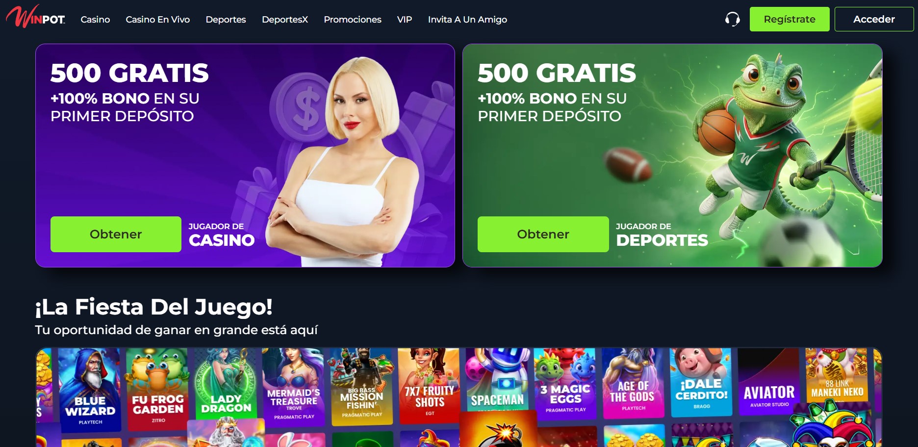Lobby de Winpot México con fichas de juegos etiquetadas con el nombre de su proveedor